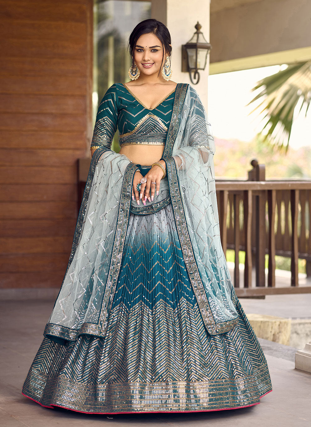 Blue Chinon A - Line Lehenga Choli With Embroidered, Sequins And Thread Work