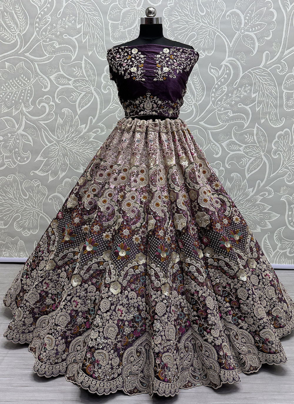 Dori, Sequins, Thread And Zircon Work Velvet Lehenga Choli In Purple