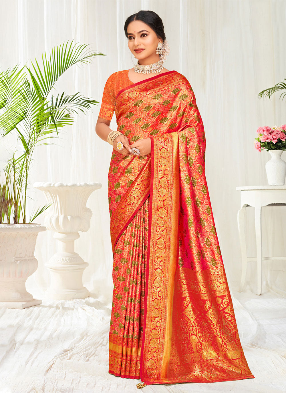 Orange Banarasi Silk Weaving Work Traditional Saree For Ceremonial