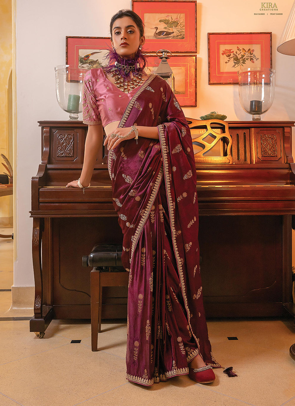 Embroidered Work Satin Contemporary Saree In Wine