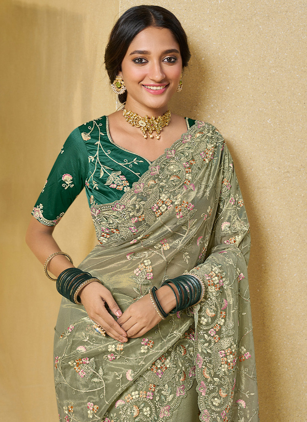 Net Zari Work Contemporary Sari In Green