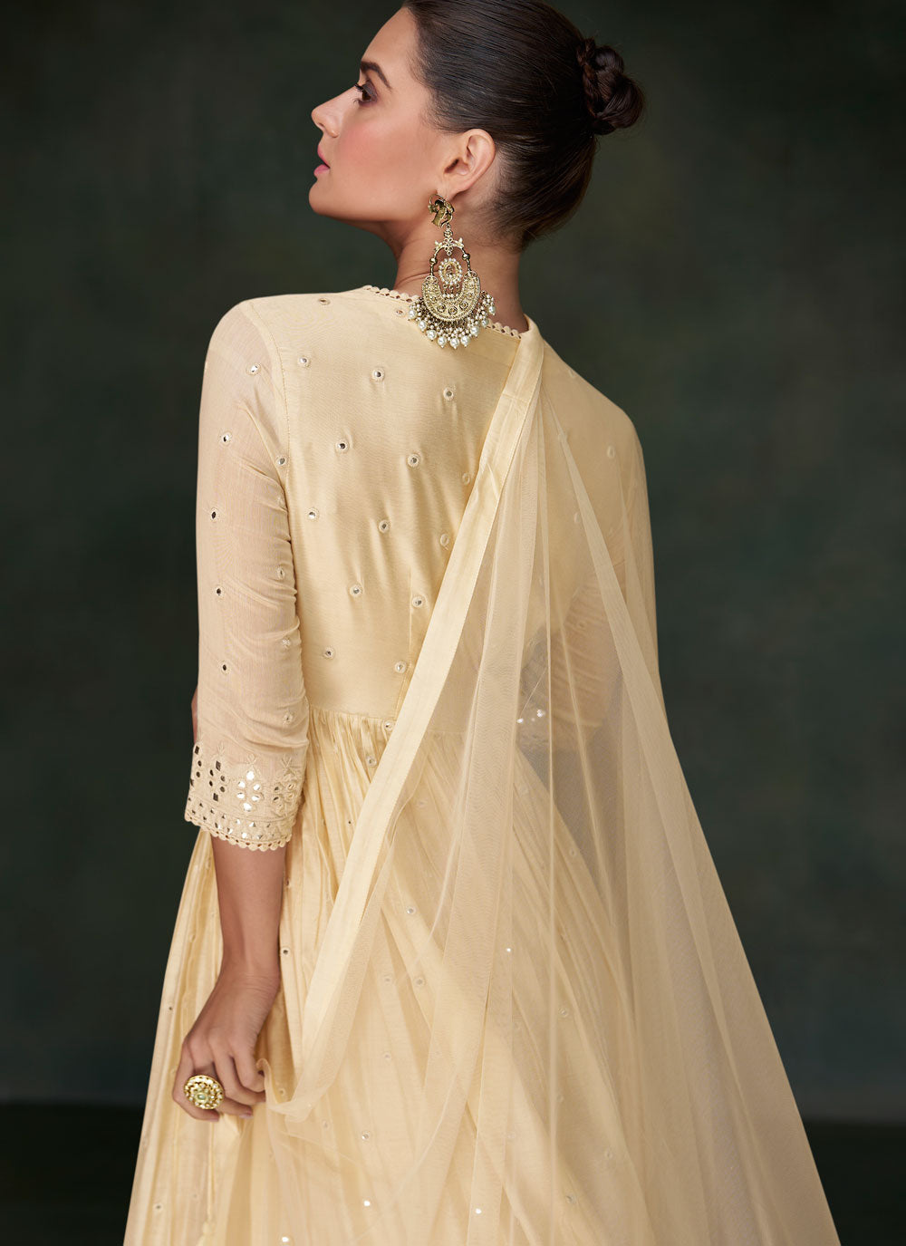 Cream Embroidered And Mirror Work Pure Silk Designer Gown