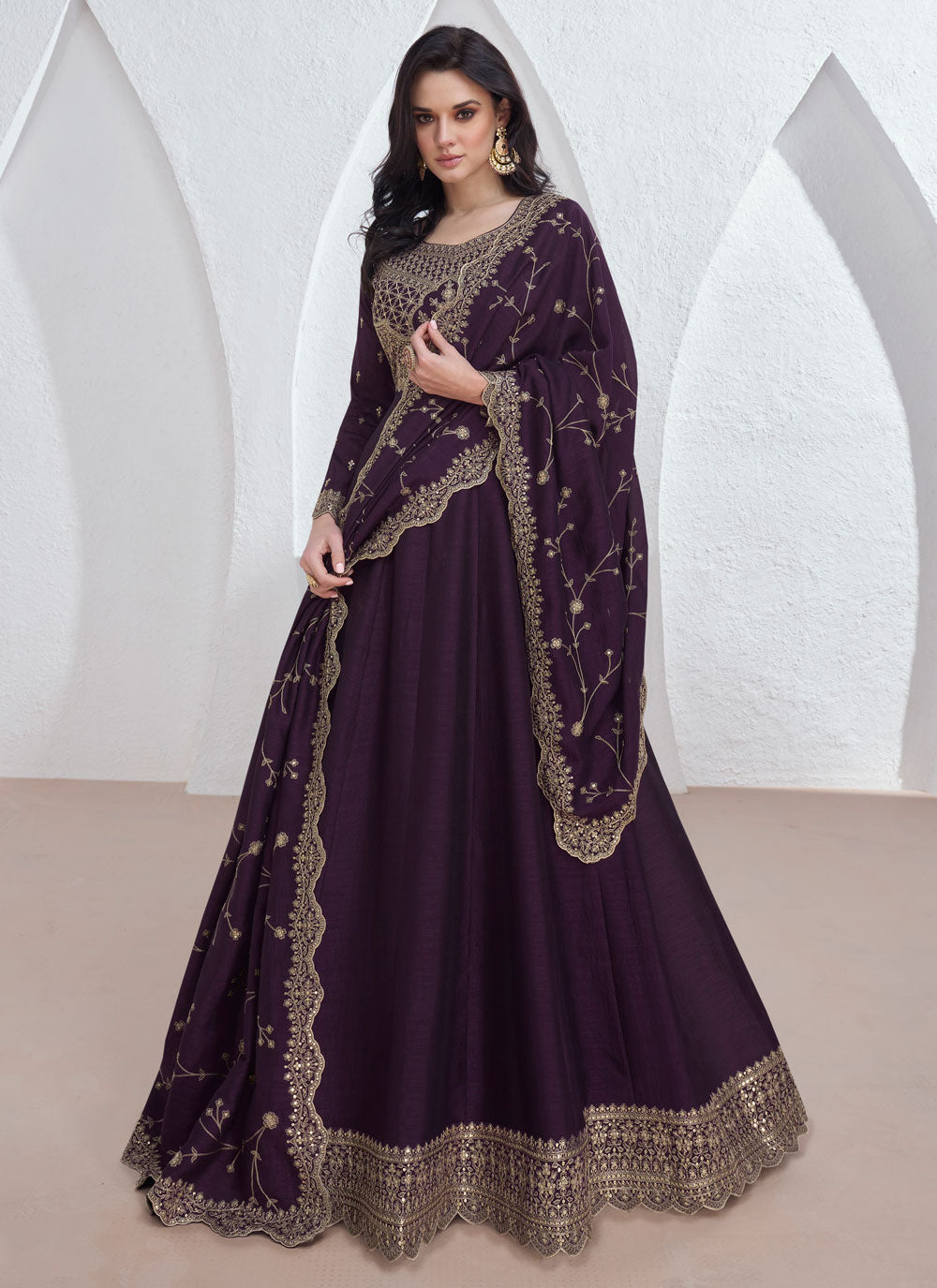 Wine Silk Embroidered And Sequins Work Designer Gown For Women