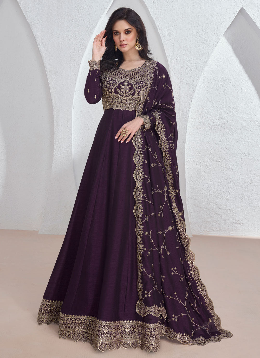 Wine Silk Embroidered And Sequins Work Designer Gown For Women