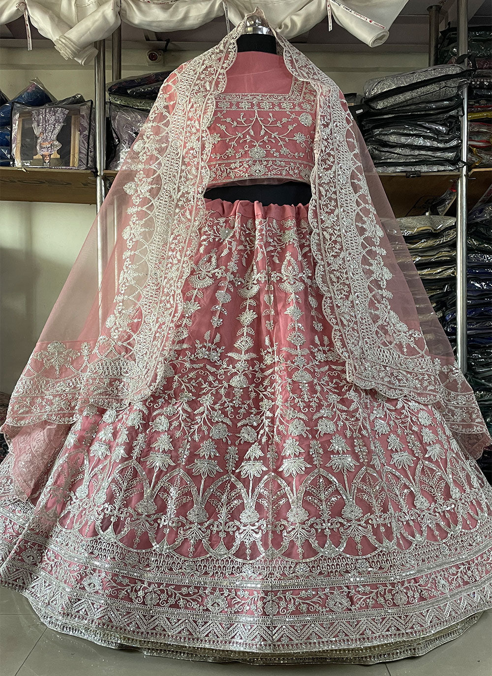 Pink Net Embroidered And Sequins Work Lehenga Choli