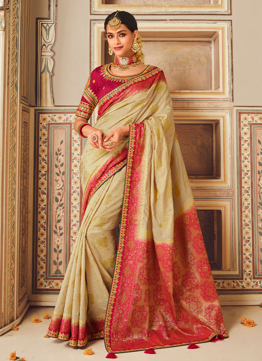  Embroidered Saree In Cream And Pink
