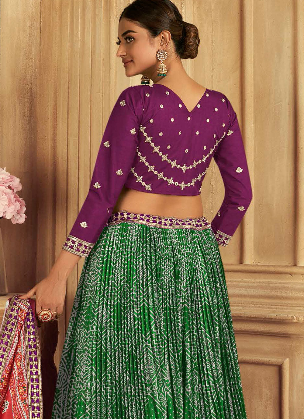 A - Line Lehenga Choli In Green And Purple For Engagement