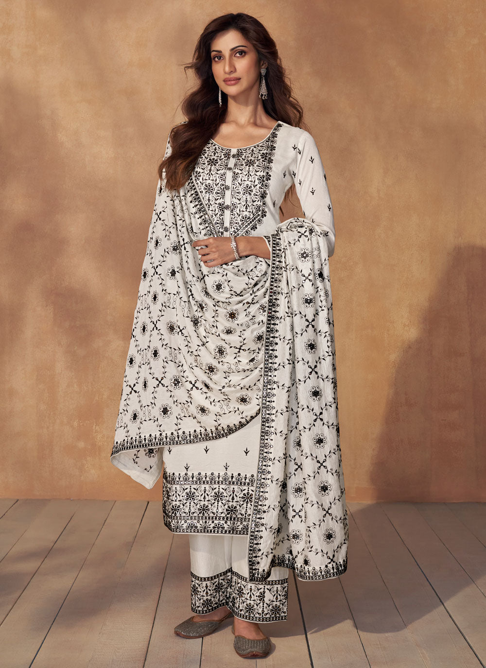 White Silk Embroidered Work Salwar Suit