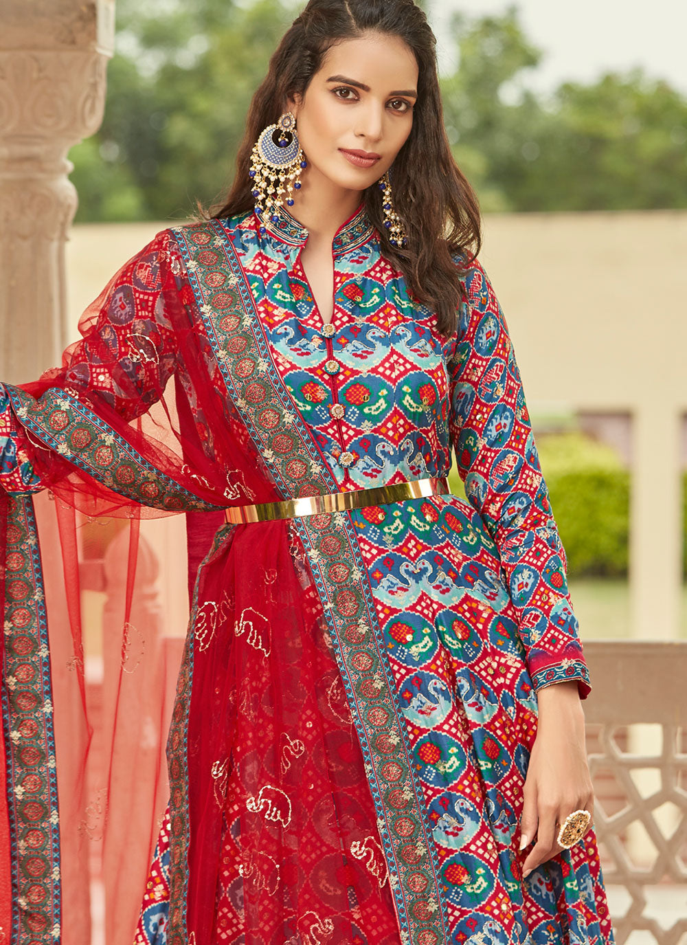 Engrossing Multi Colour Jacquard Indian Gown With Bandhej Work