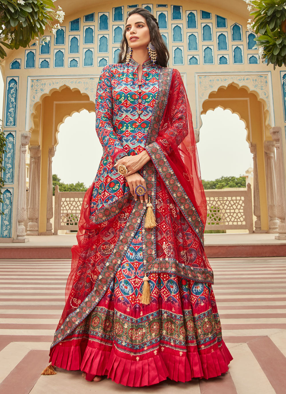 Engrossing Multi Colour Jacquard Indian Gown With Bandhej Work