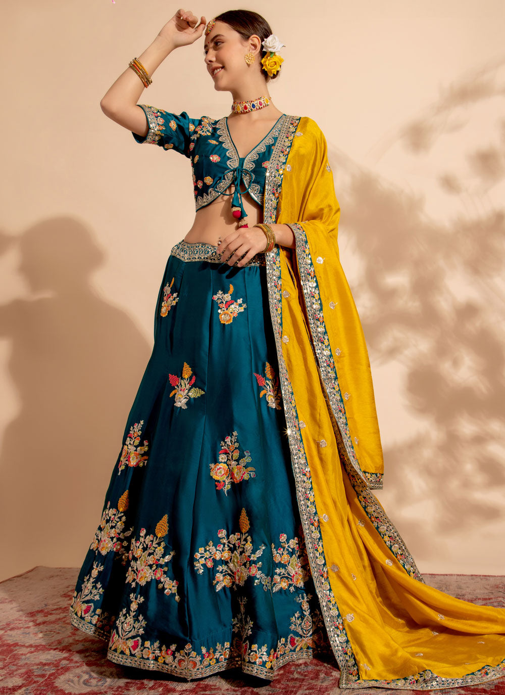 Teal Organza Lehenga Choli With Embroidered And Sequins Work For Reception