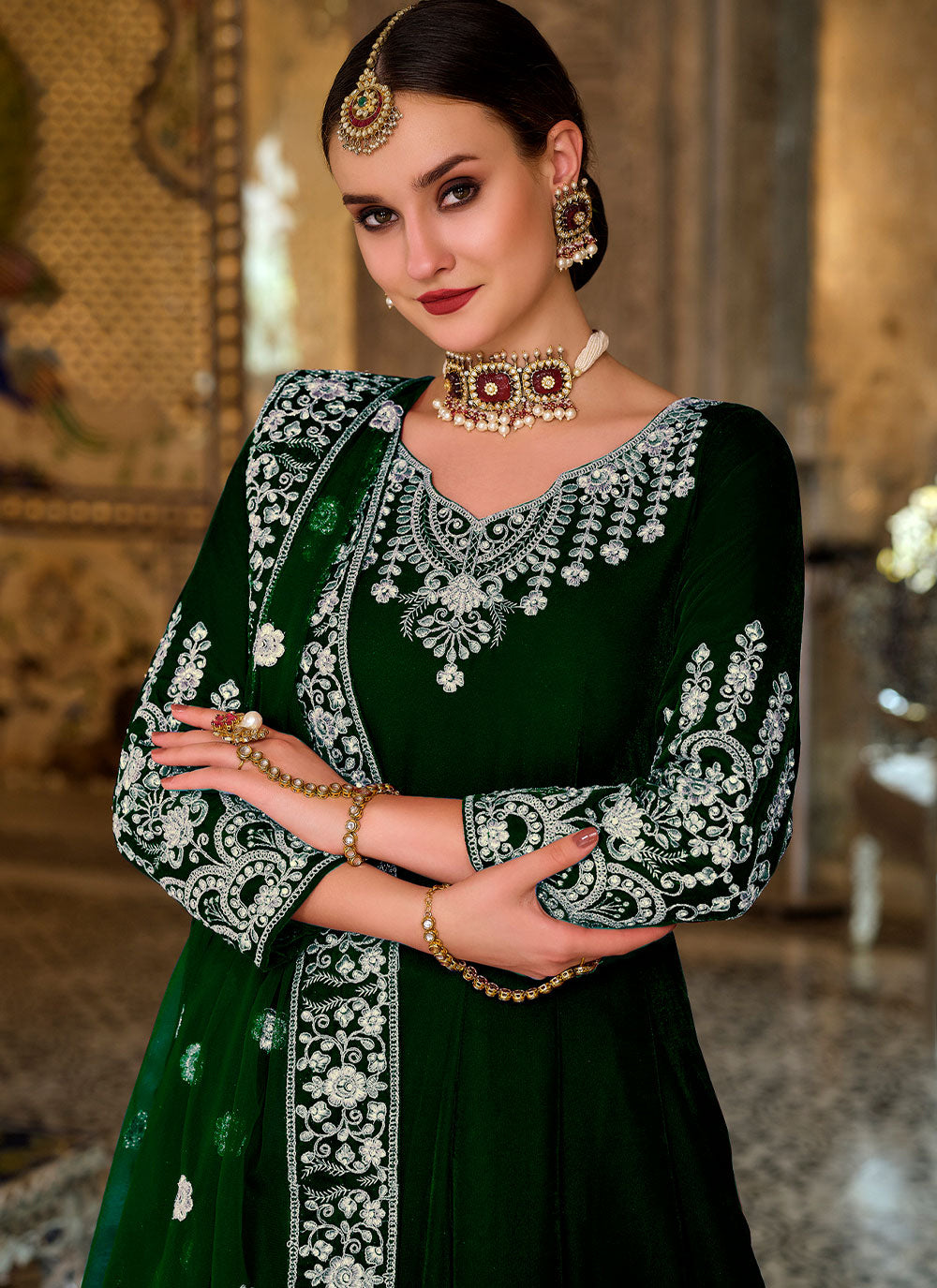 Embroidered Green Long Length Anarkali Salwar Suit