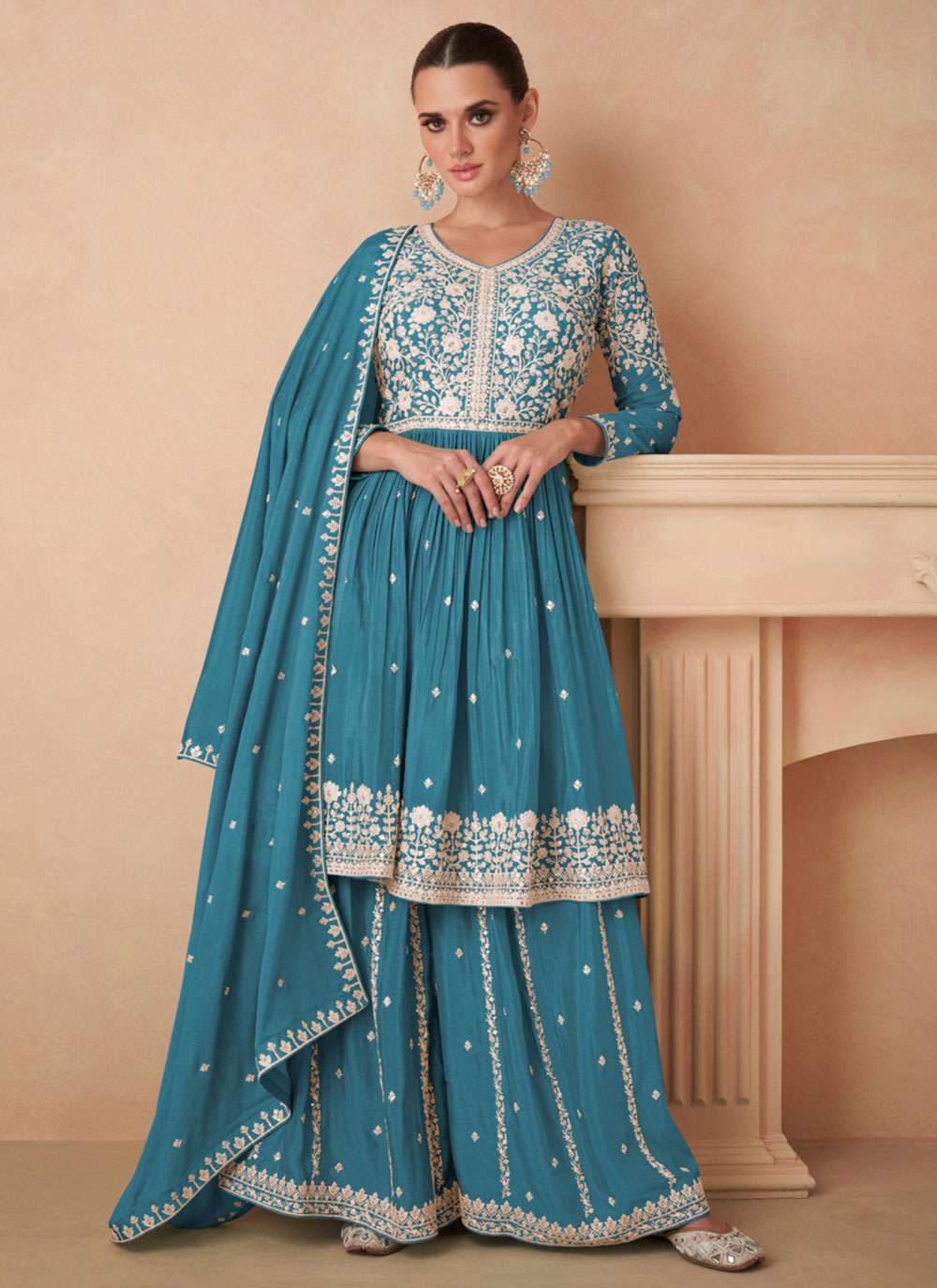Embroidered Work Chinon Readymade Salwar Suit In Aqua Blue For Ceremonial