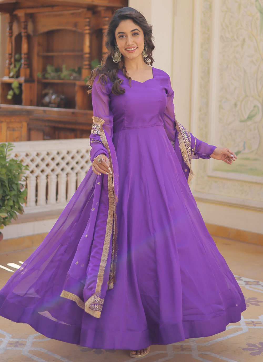 Purple Silk Plain Work Gown For Ceremonial