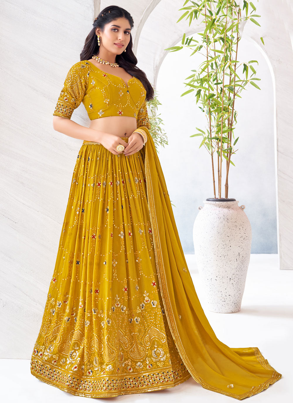 Mustard Georgette Readymade Lehenga Choli With Embroidered, Resham And Sequins Work