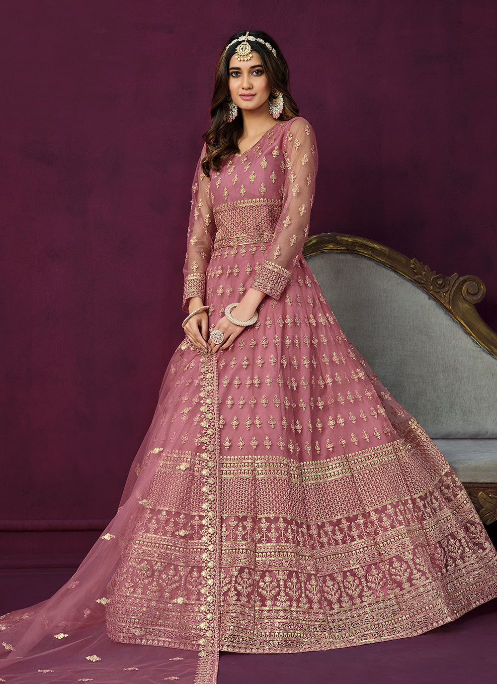 Pink Net Embroidered And Sequins Work Anarkali Suit For Engagement