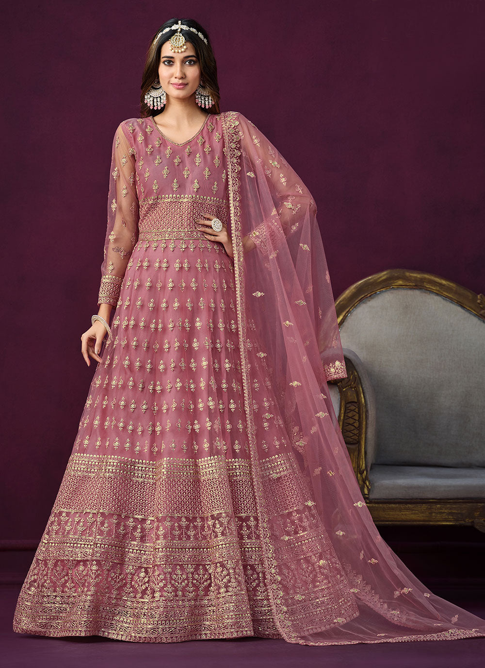 Pink Net Embroidered And Sequins Work Anarkali Suit For Engagement
