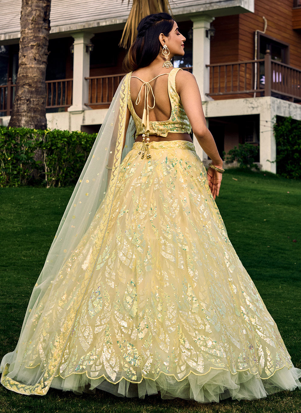 Yellow Net Embroidered, Sequins And Thread Work A - Line Lehenga Choli For Women