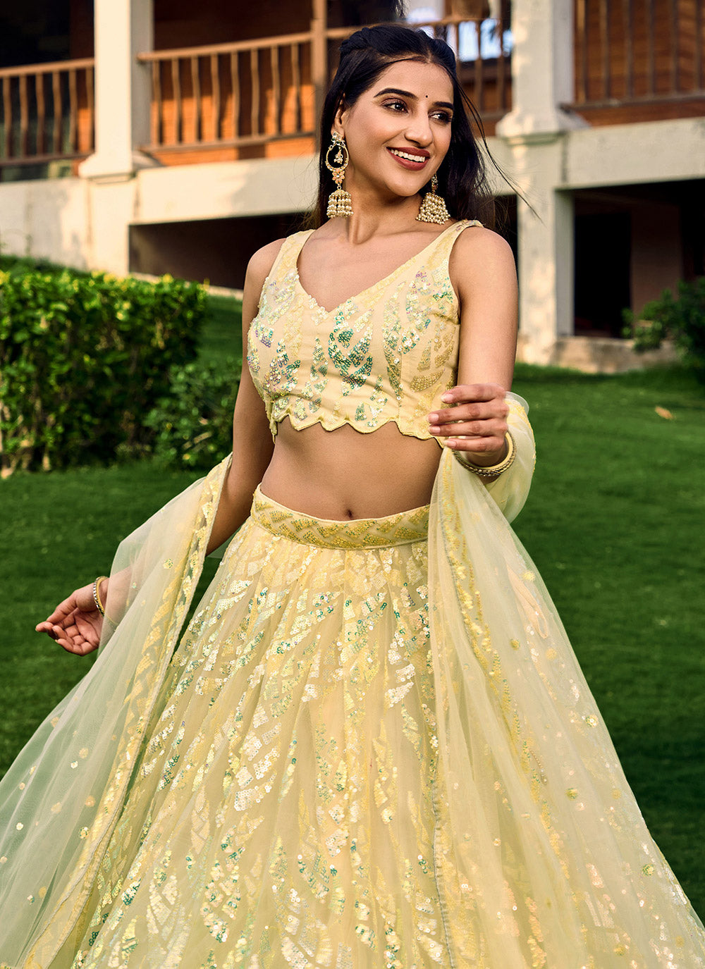 Yellow Net Embroidered, Sequins And Thread Work A - Line Lehenga Choli For Women