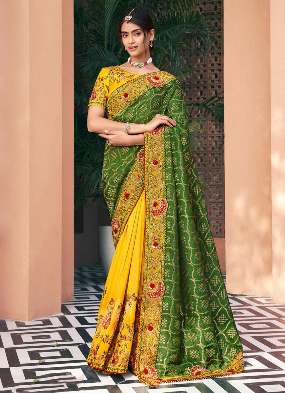 Green And Yellow Silk Contemporary Sari For Women
