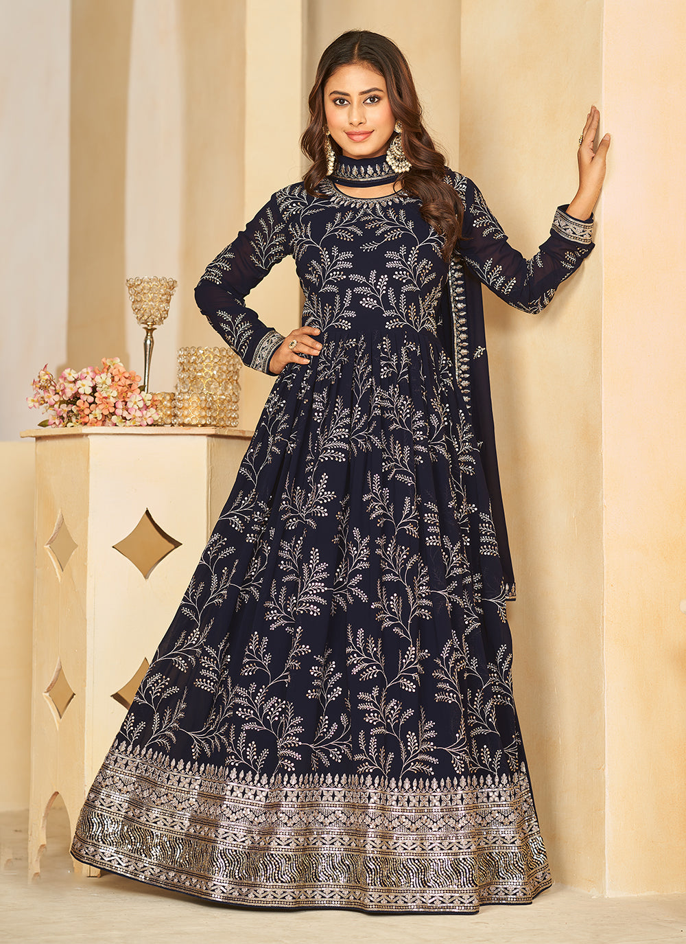 Blue Faux Georgette Floor Length Salwar Suit With Embroidered And Sequins Work