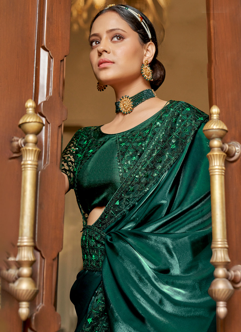 Embroidered Chiffon  Saree In Green Color