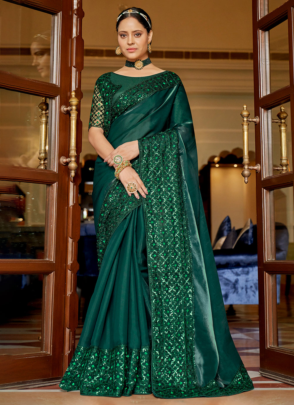 Embroidered Chiffon  Saree In Green Color