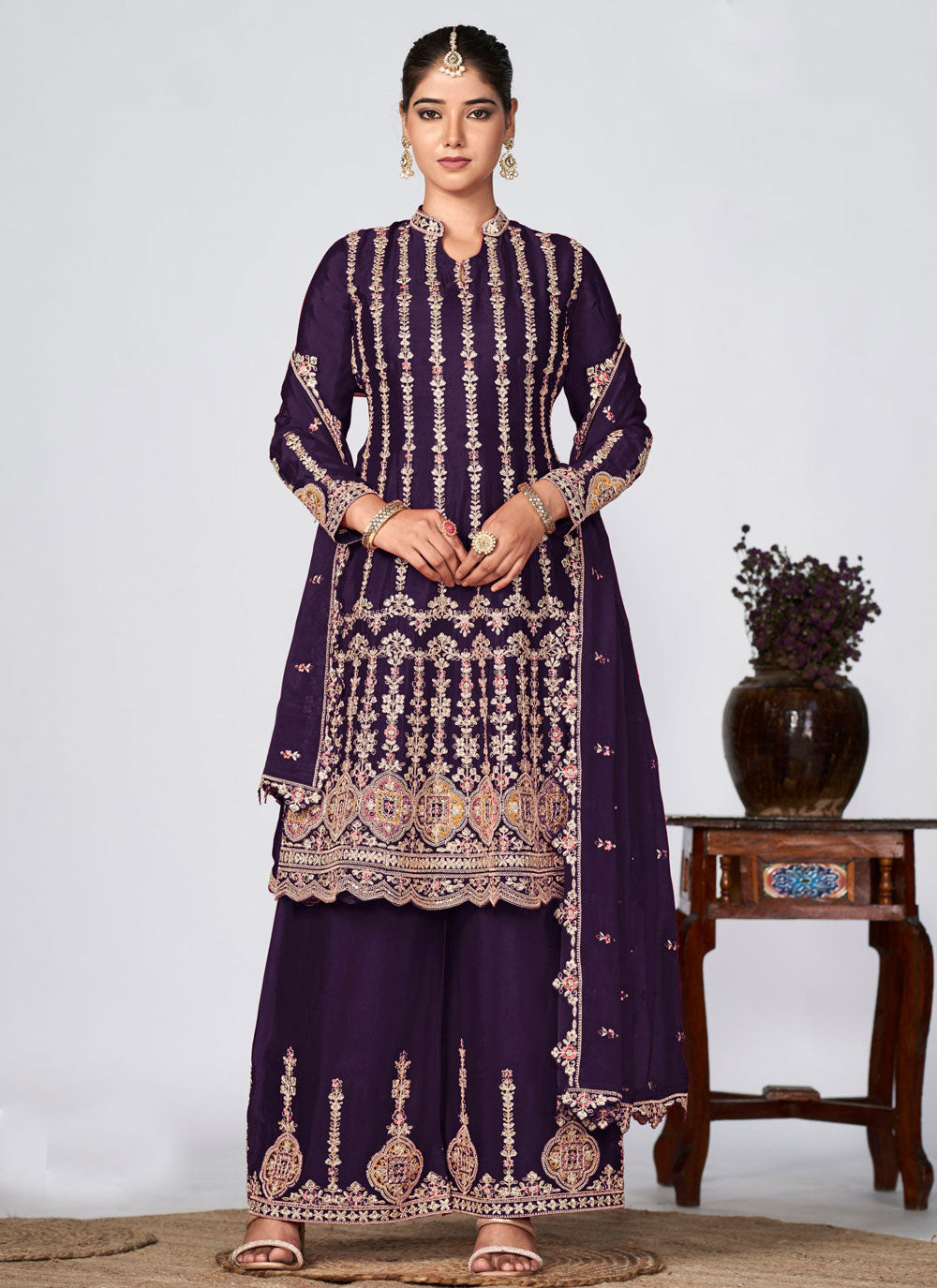 Embroidered Work Chinon Readymade Salwar Suit In Purple For Ceremonial