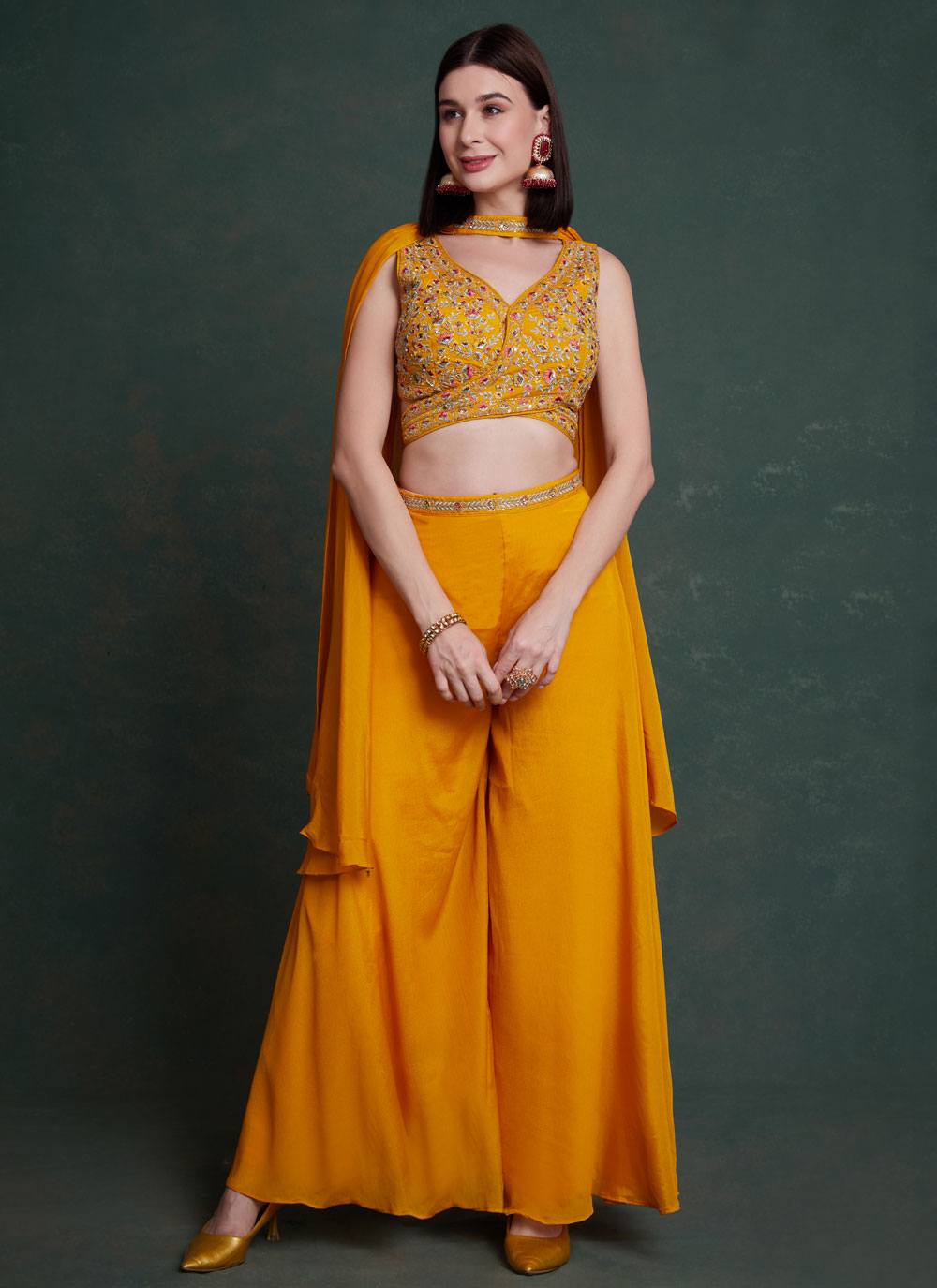 Mustard Chinon Trendy Suit With Embroidered And Sequins Work For Women