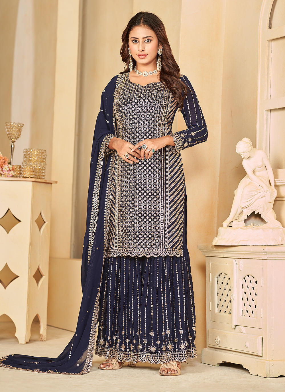 Blue Faux Georgette Salwar Suit With Embroidered Work
