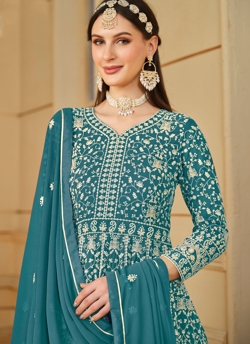Embroidered Work Faux Georgette Salwar Suit In Turquoise For Party