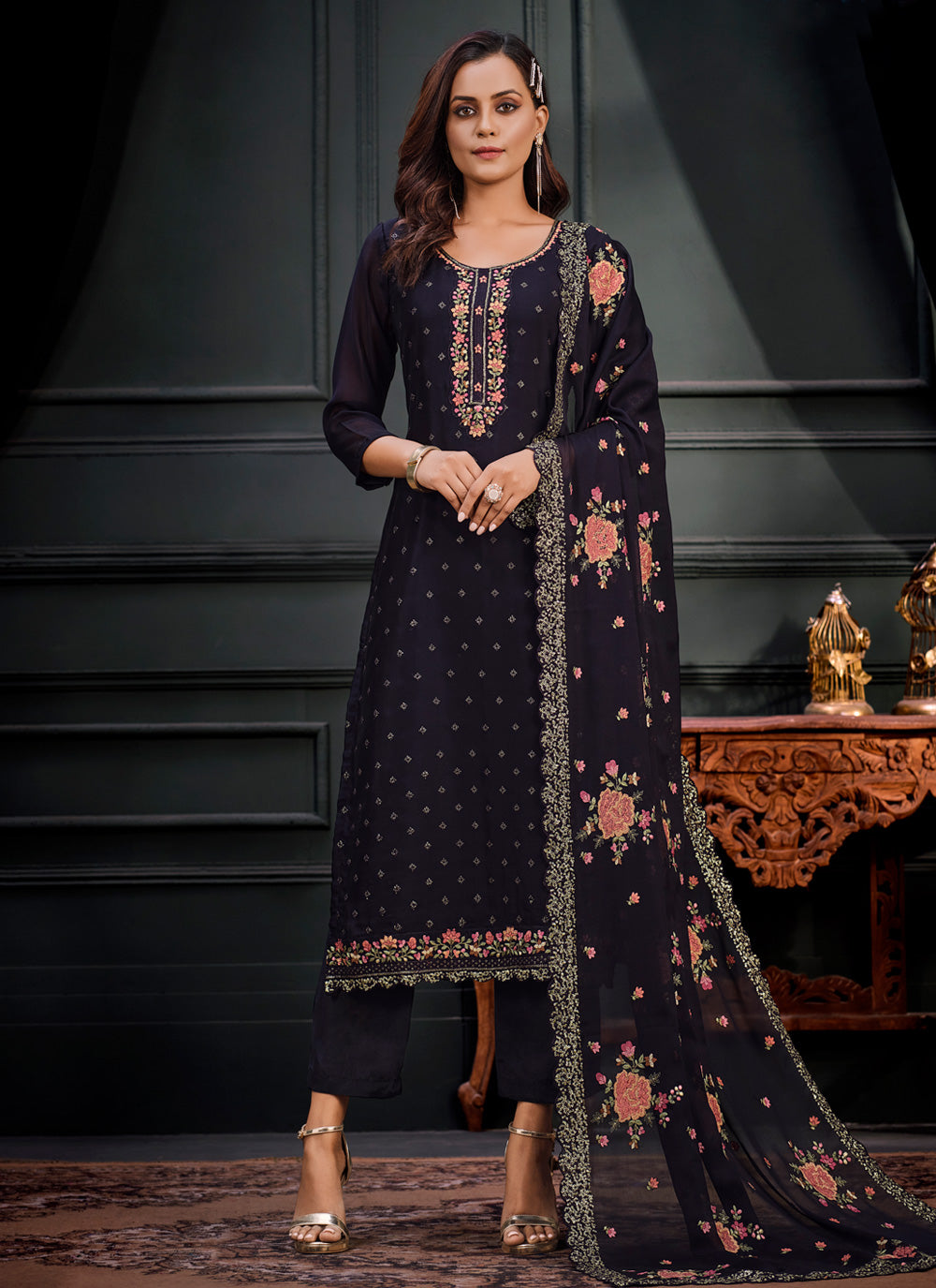 Embroidered Georgette Trendy Suit In  Navy Blue