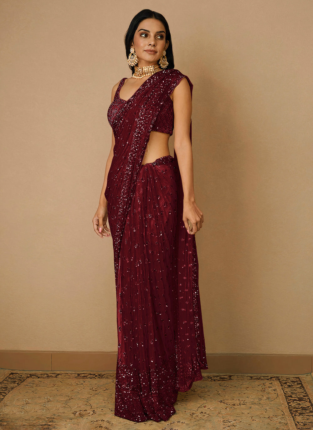 Embroidered Net Trendy Saree In Maroon
