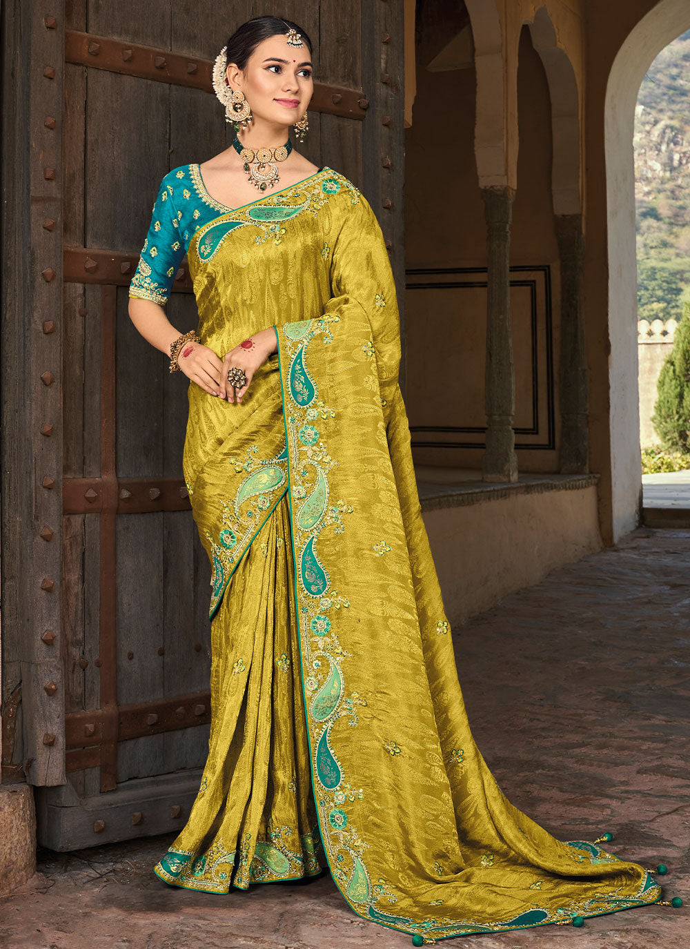 Green Color Saree Embroidered Saree For Mehndi