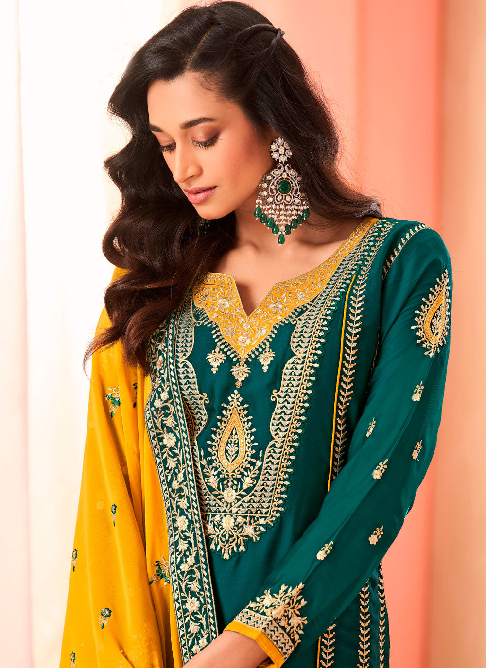 Green Silk Embroidered Work Salwar Suit For Ceremonial