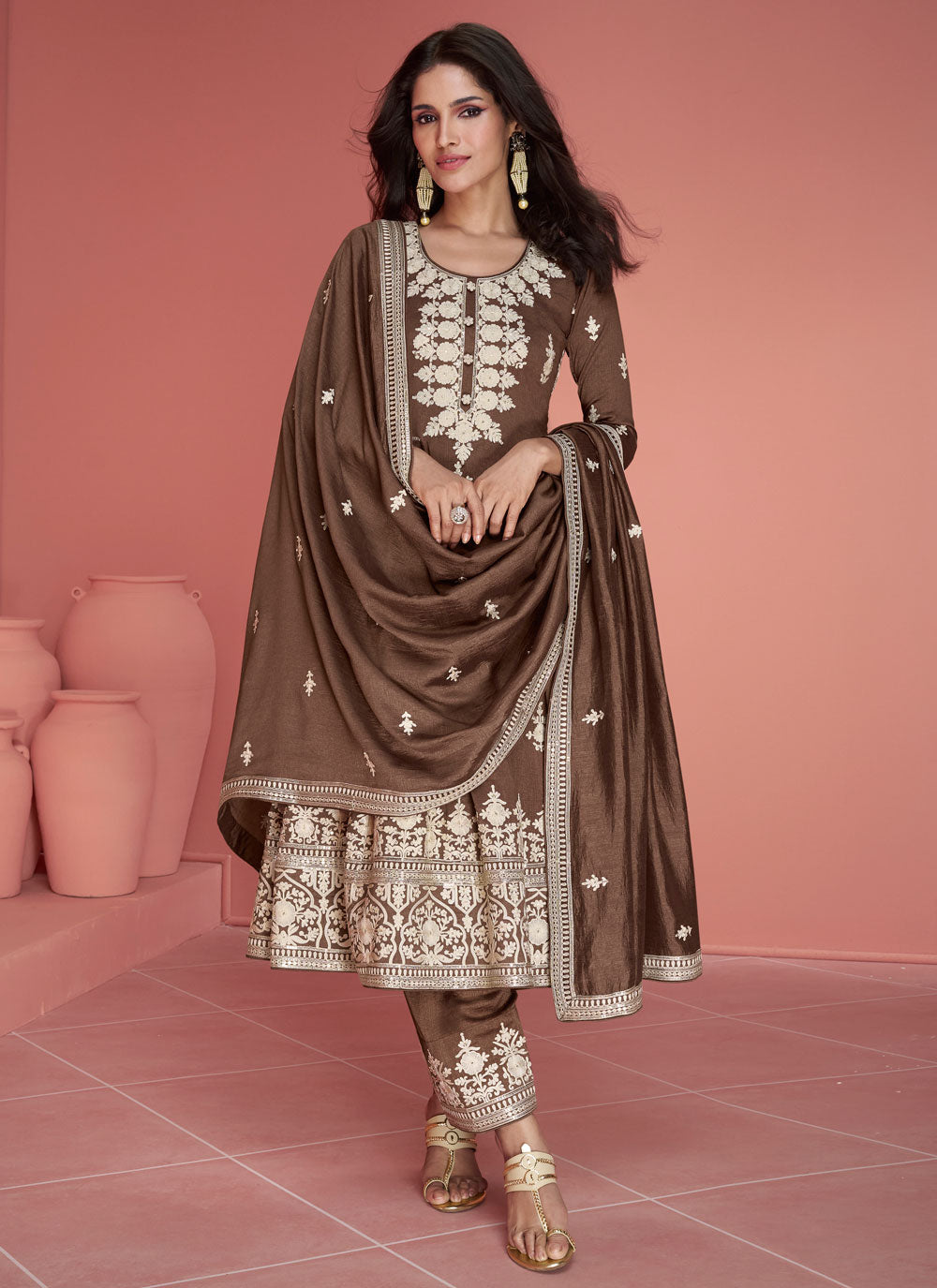 Silk Salwar Suit In Brown