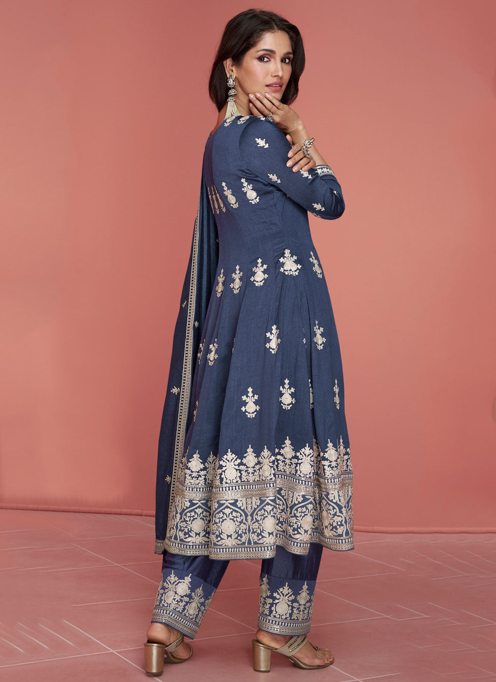 Blue Silk Salwar Suit With Embroidered Work