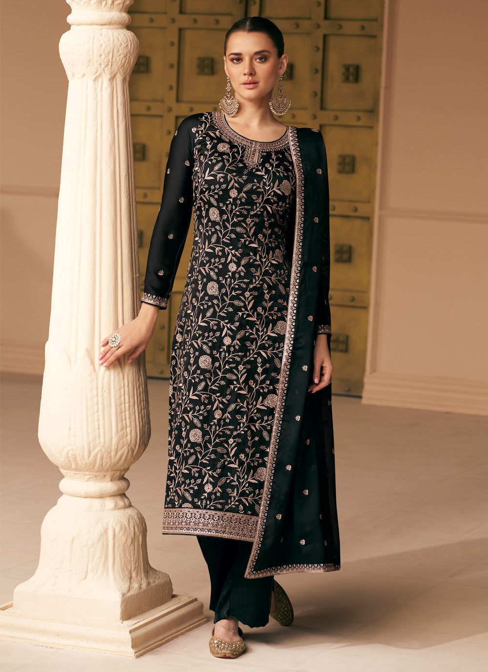 Embroidered Satin Silk Black Palazzo Suit
