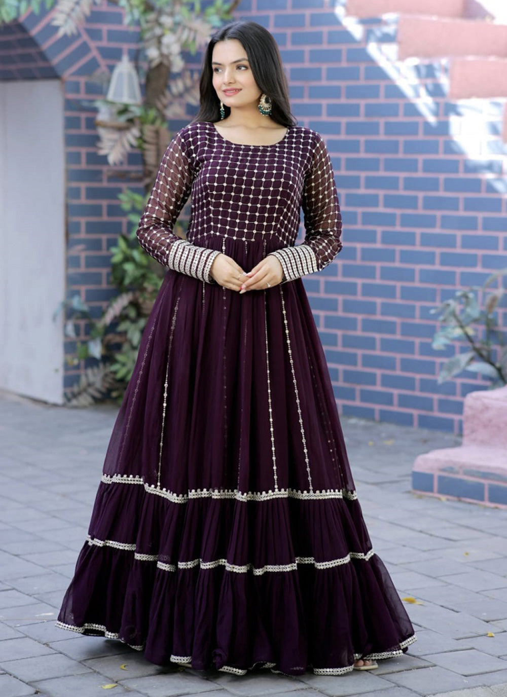 Embroidered Georgette Purple Readymade Gown