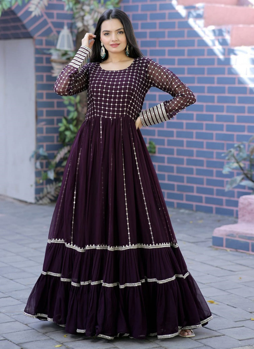 Embroidered Georgette Purple Readymade Gown