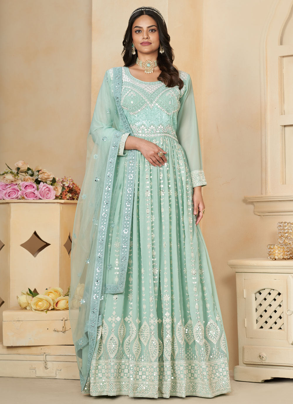 Sea Green Faux Georgette Embroidered, Resham Thread And Sequins Work Gown