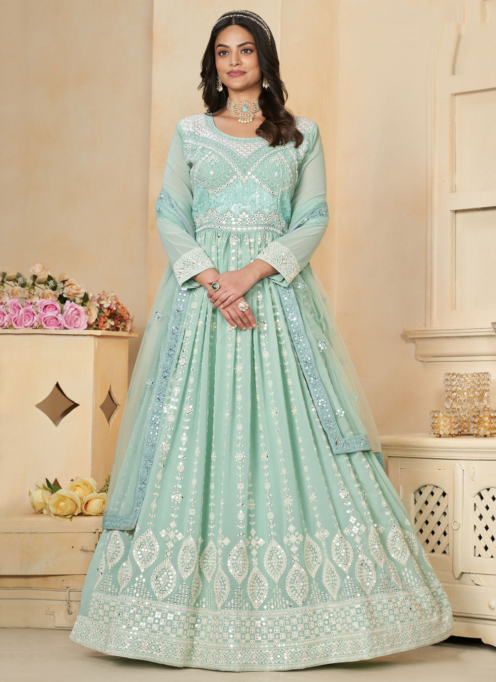 Sea Green Faux Georgette Embroidered, Resham Thread And Sequins Work Gown