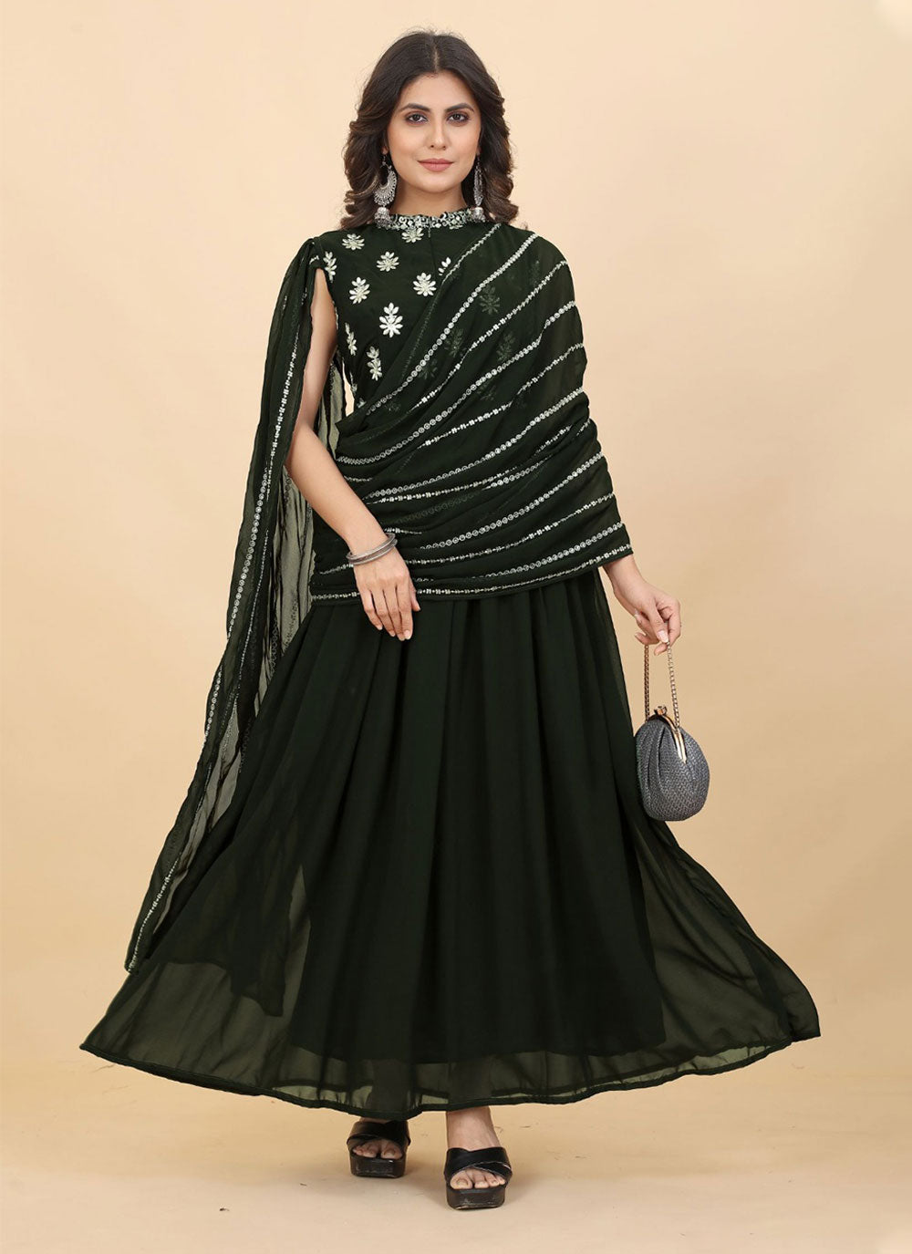 Green Georgette Indian Gown With Embroidered Work