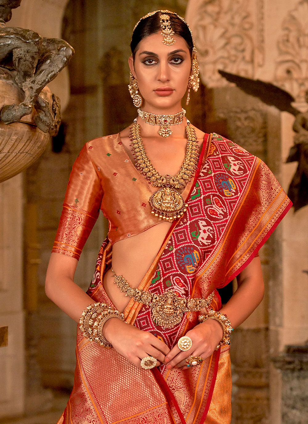 Orange Banarasi Silk Meenakari And Weaving Work Classic Sari For Women