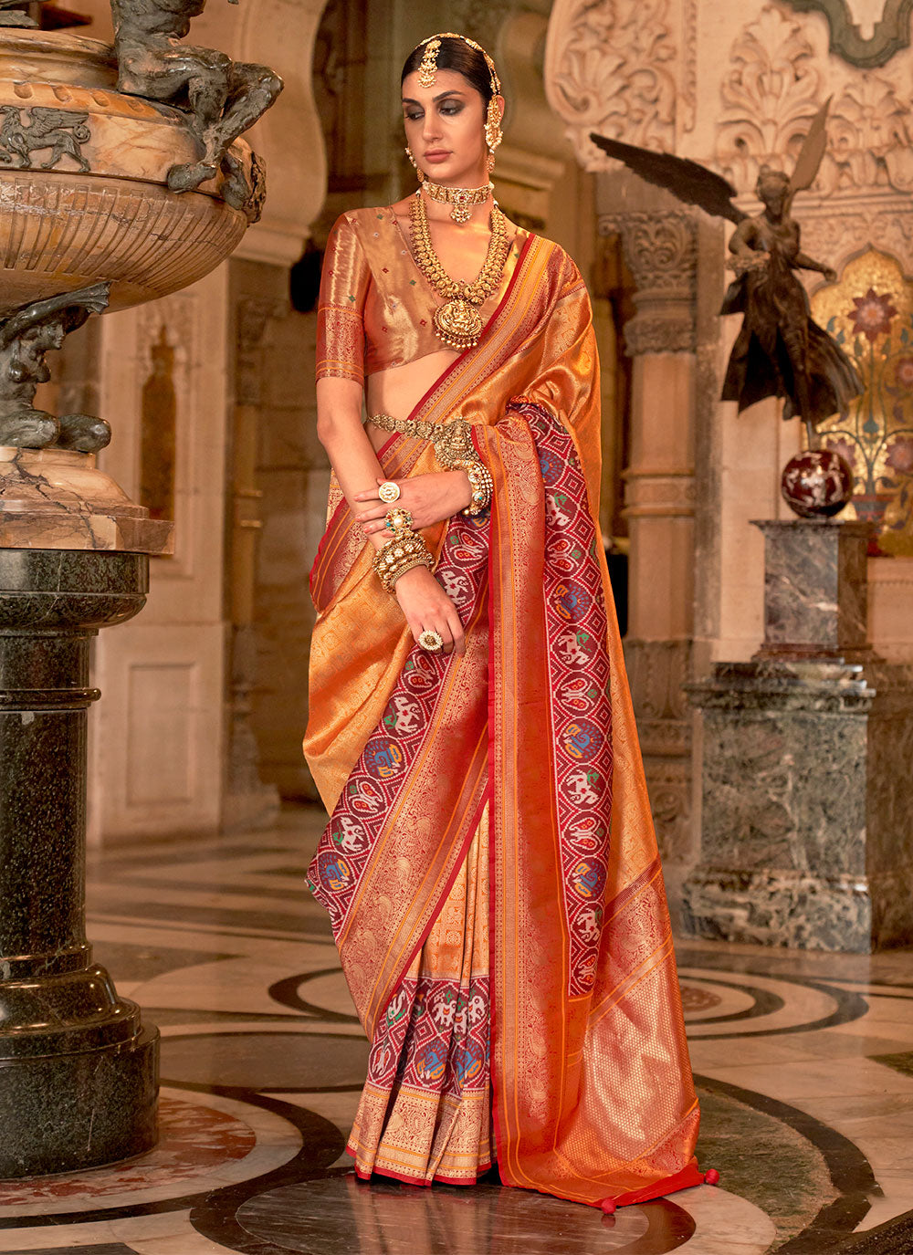 Orange Banarasi Silk Meenakari And Weaving Work Classic Sari For Women