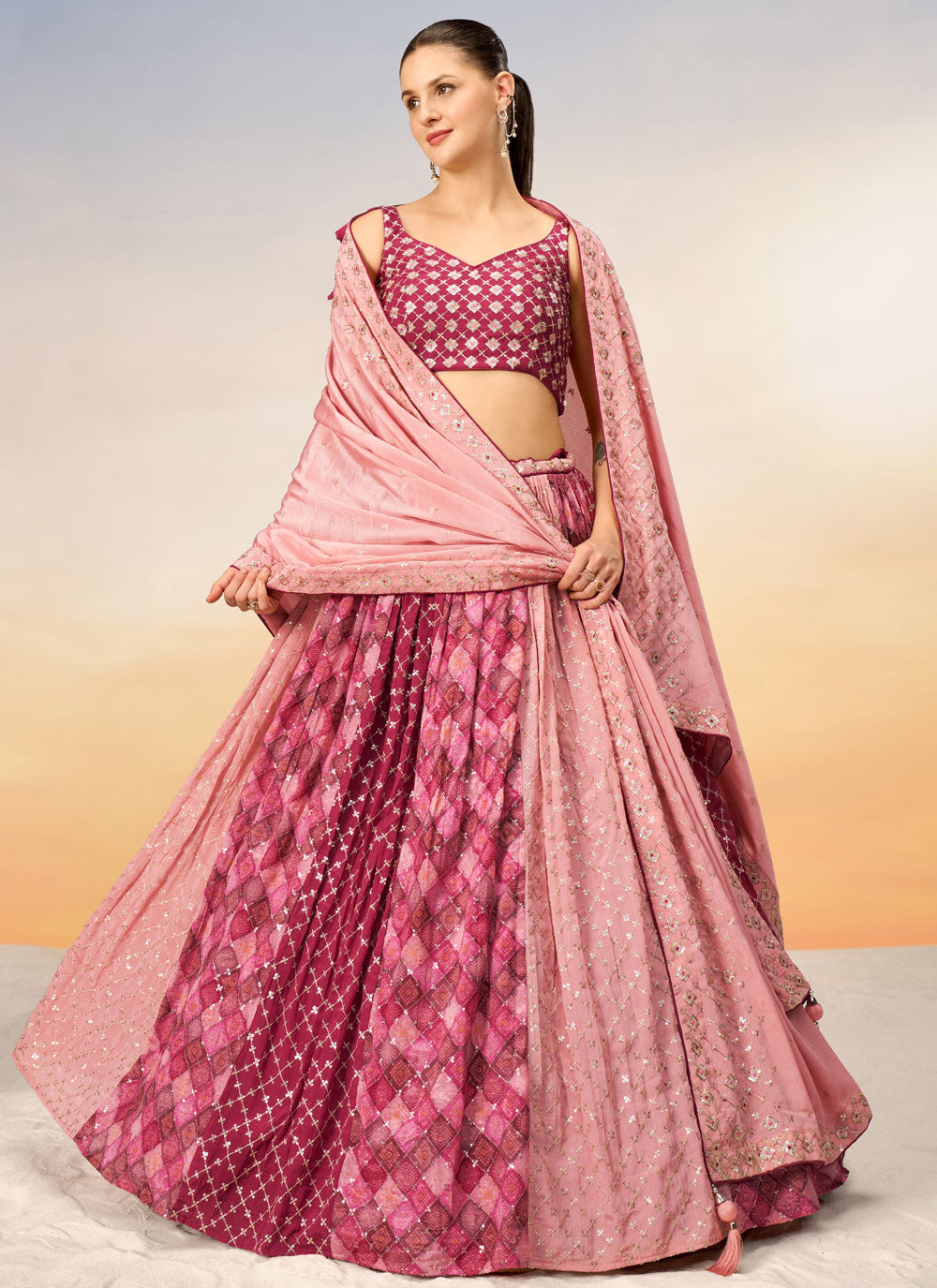 Hot Pink Chiffon Lehenga Choli With Sequins And Thread Work