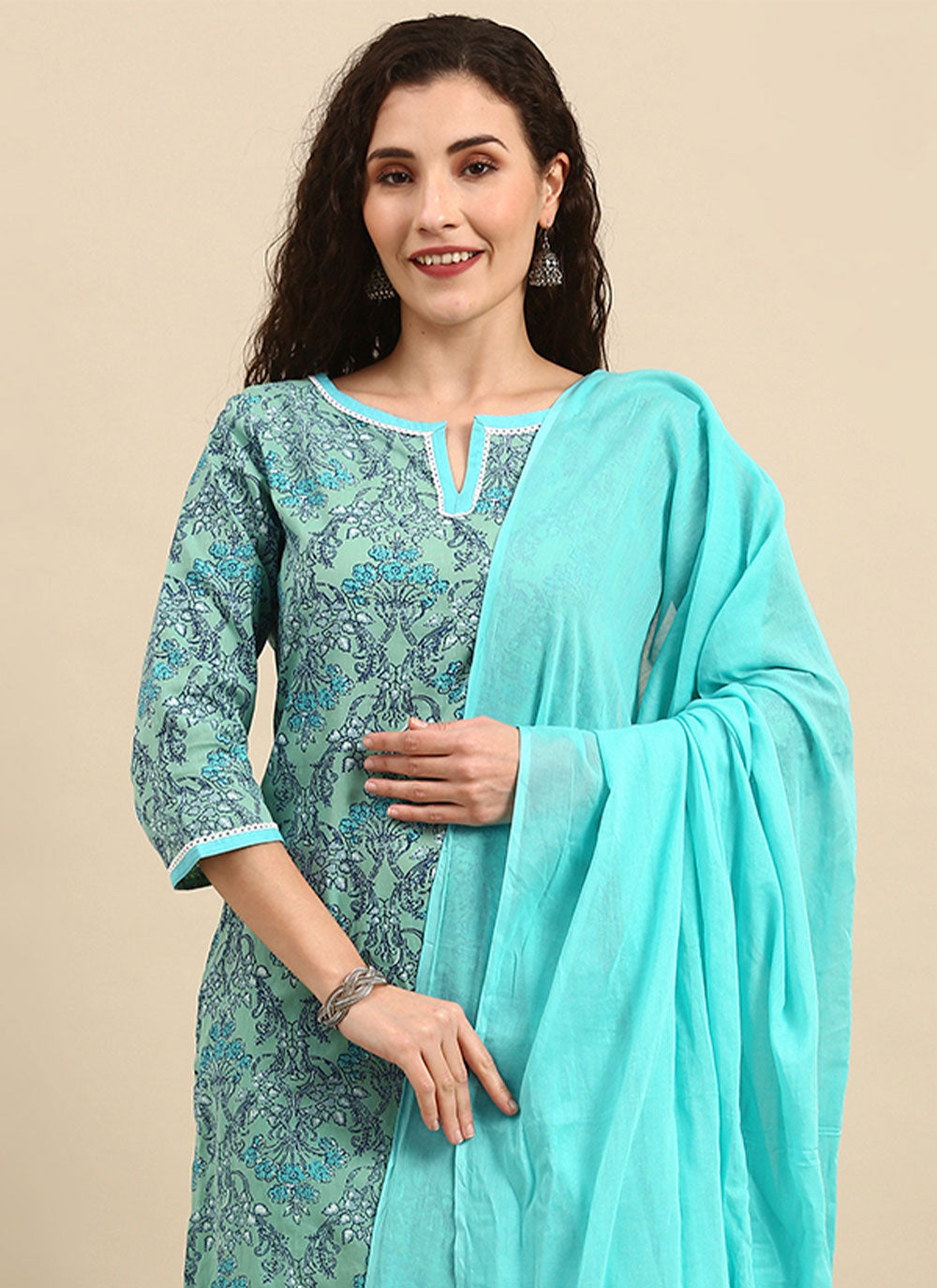 Turquoise Floral Print Straight Salwar Kameez