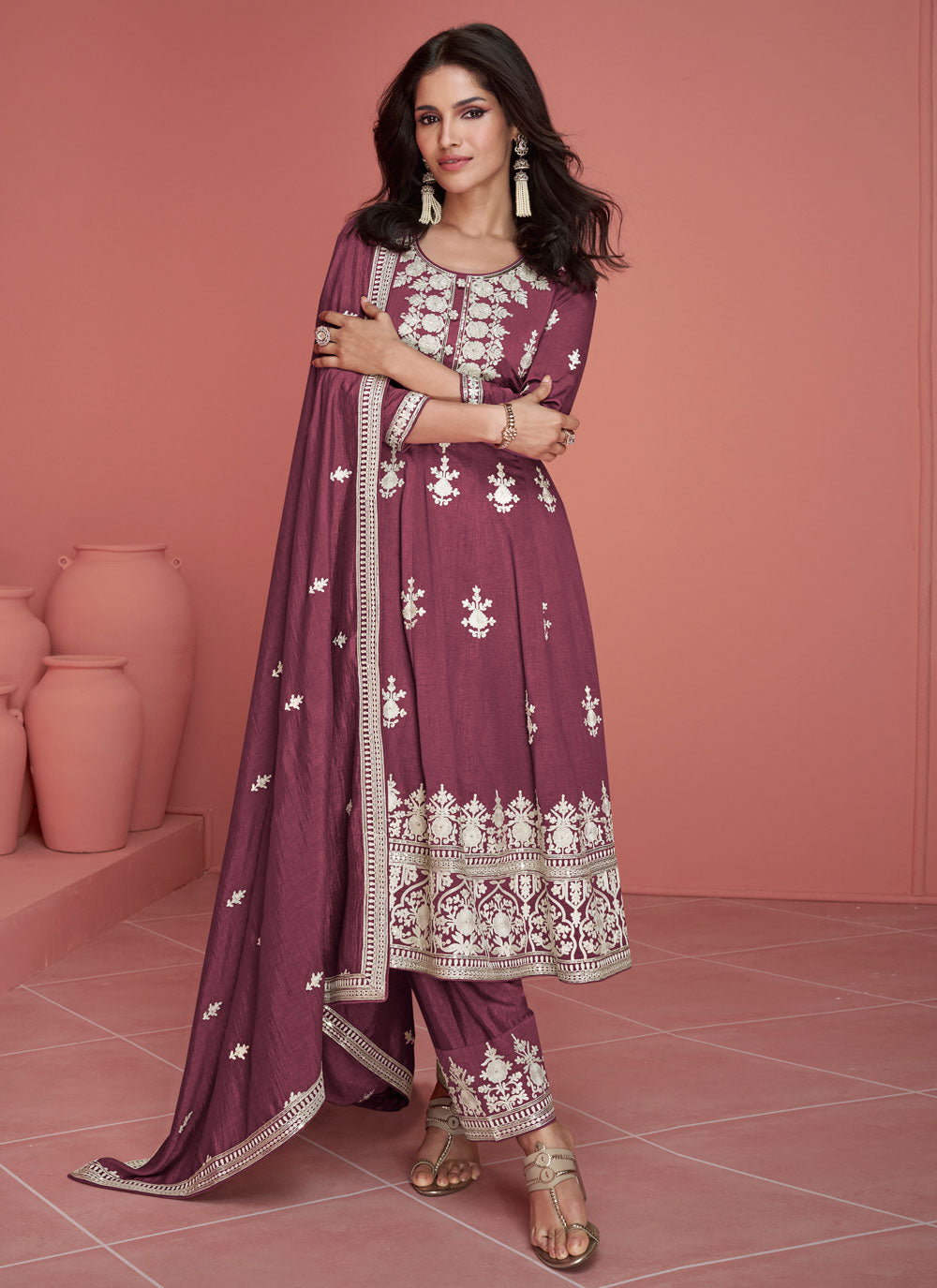 Embroidered Work Silk Salwar Suit In Pink