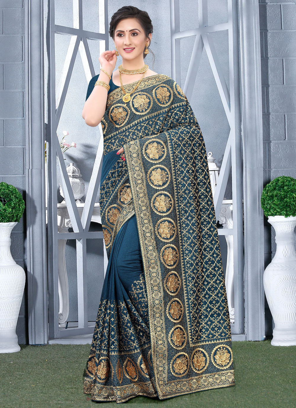 Teal Vichitra Silk Embroidered And Zari Work Traditional Saree For Women