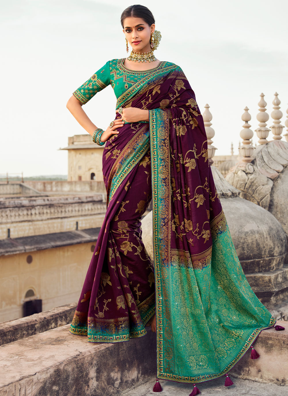 Brown And Green Contemporary Saree